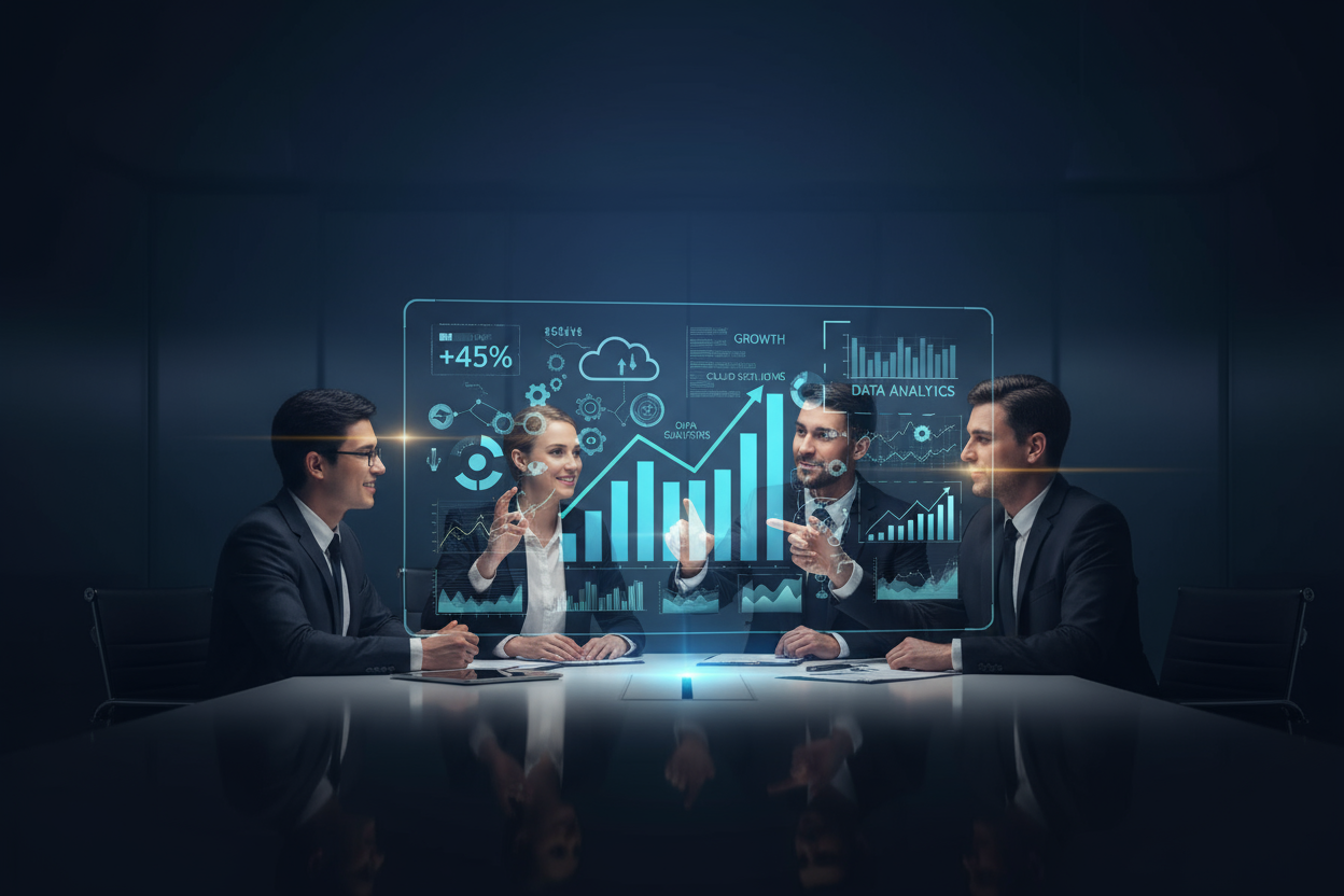 create a image showing a business offering digital service and success to another business and keep bg color dark gradient